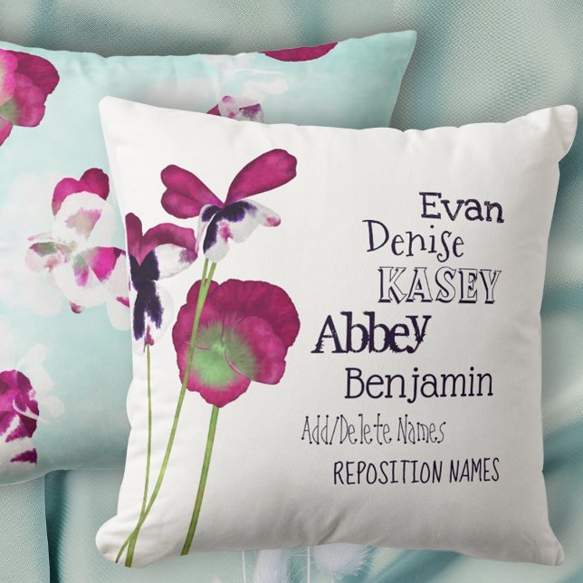 Pink, Turquoise Mother's Day Kids Grandkids Names Throw Pillow (mothers day mom grandma grandmother throw pillow children kids names pink turquoise floral flowers)