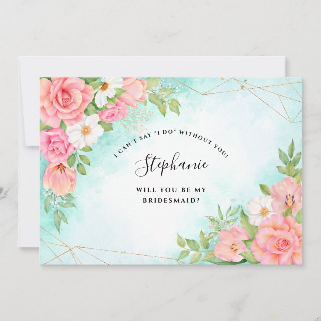 Pink Turquoise Ombre Floral Bouquet Bridesmaid Invitation (Front)