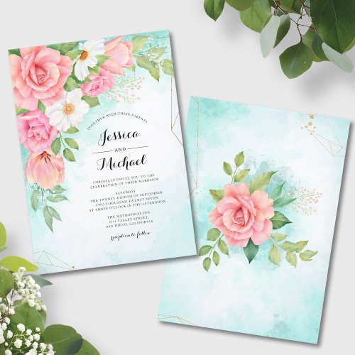 Pink Turquoise Ombre Floral Bouquet Rose Wedding Invitation