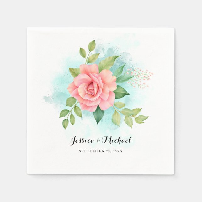 Pink Turquoise Ombre Floral Bouquet Rose Wedding Napkins (Front)