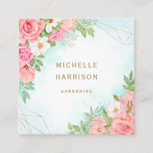Pink Turquoise Ombre Floral Bouquet Watercolor Square Business Card