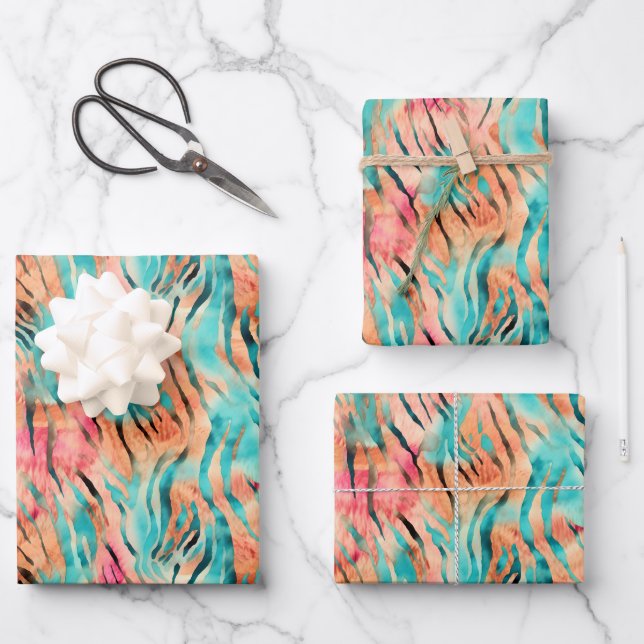 Pink, Turquoise & Orange Tiger Stripes Wrapping Paper Sheets (Front)