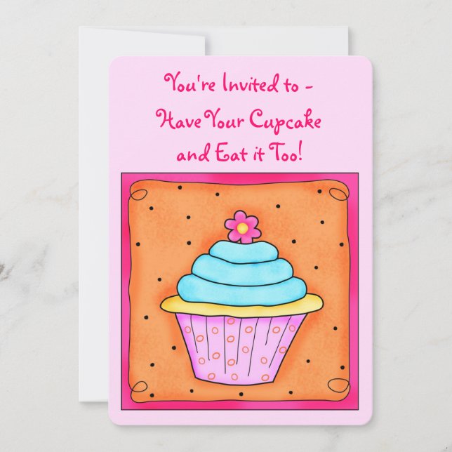 Pink Turquoise Orange Whimsy Cupcake Invitation (Front)
