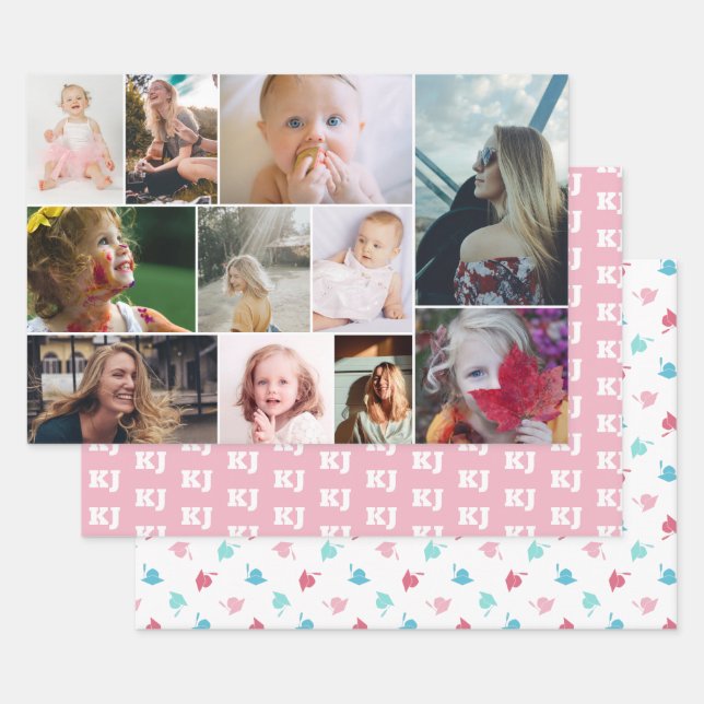 Pink Turquoise Photo Collage Monogram Graduate Wrapping Paper Sheets (Set)