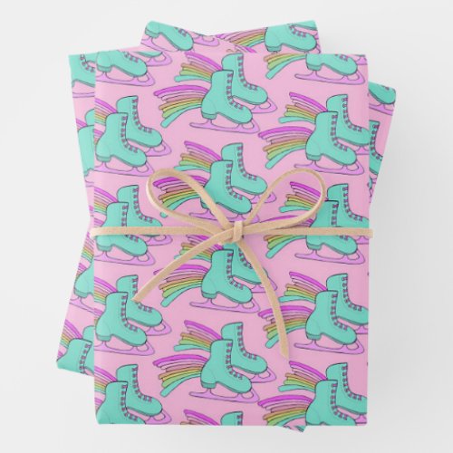 Pink Turquoise Rainbow Ice Skating Wrapping Paper