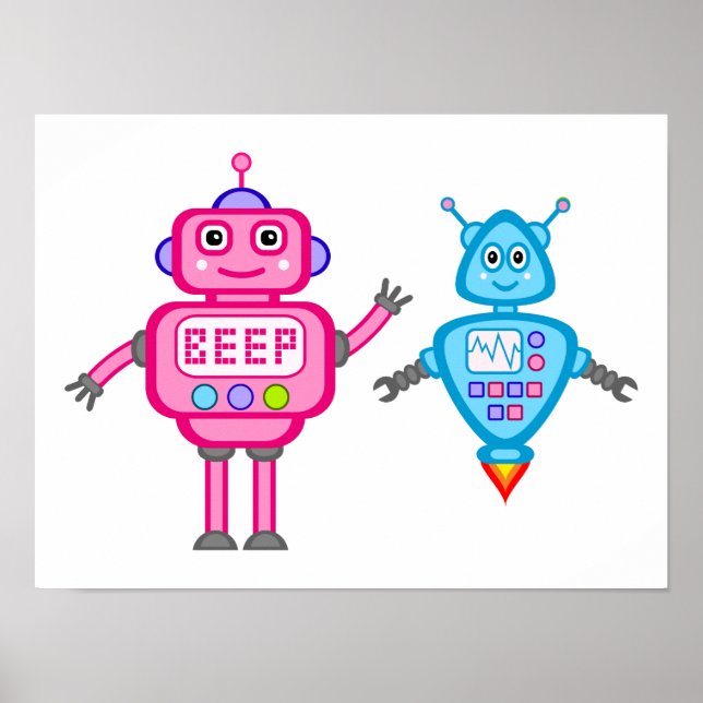 Pink & Turquoise Robots Wall Art Poster (Front)
