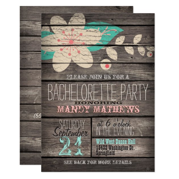 Pink & Turquoise Rustic Wood Bachelorette Party Invitation