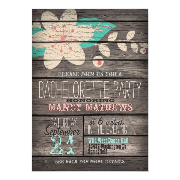 Pink & Turquoise Rustic Wood Bachelorette Party Invitation