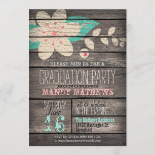 Pink & Turquoise; Rustic Wood Graduation Party Invitation