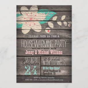 Pink & Turquoise Rustic Wood Housewarming Party Invitation