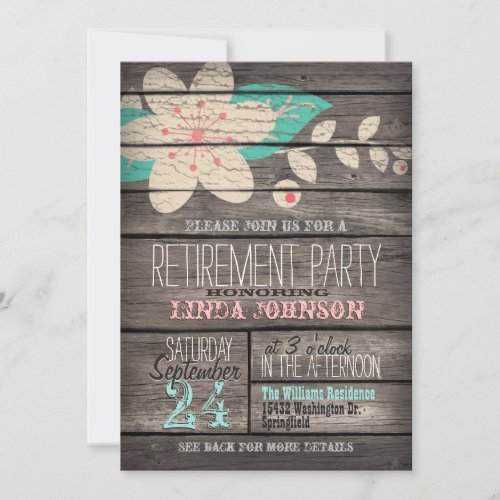 Pink  Turquoise Rustic Wood Retirement Party Invitation