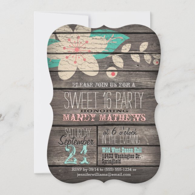 Pink & Turquoise Rustic Wood Sweet 16 Party Invitation (Front)