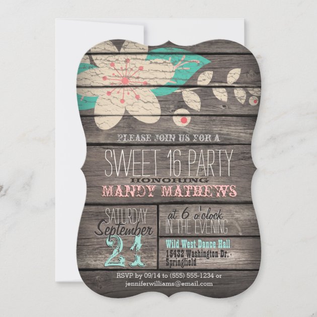 Pink Turquoise Rustic Wood Sweet 16 Party Invitation Zazzle   Pink Turquoise Rustic Wood Sweet 16 Party Invitation R1eb1a05fffb344c0a10ebea9bc185baa Tcvdg 630 