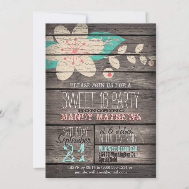 Pink & Turquoise; Rustic Wood Sweet 16 Party Invitation (Front)