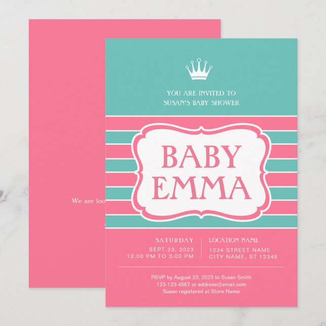 Pink Turquoise Stripes Baby Shower Invitation (Front/Back)