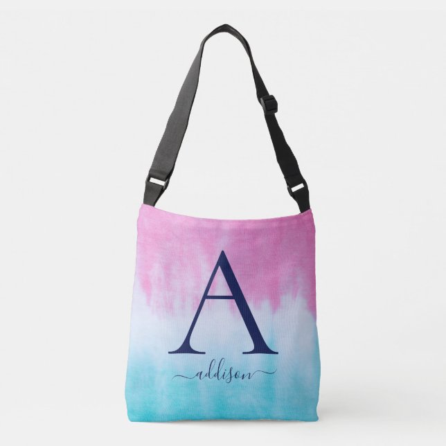 Pink Turquoise Tie-Dye Monogram Crossbody Bag (Front)