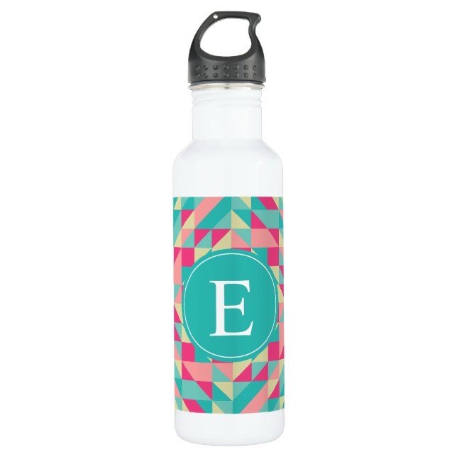 Pink Turquoise Triangle Monogram Water Bottle (Front)