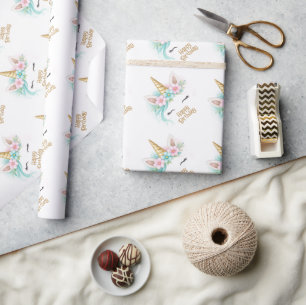 Pink & Turquoise Unicorn Girl Birthday Wrapping Paper