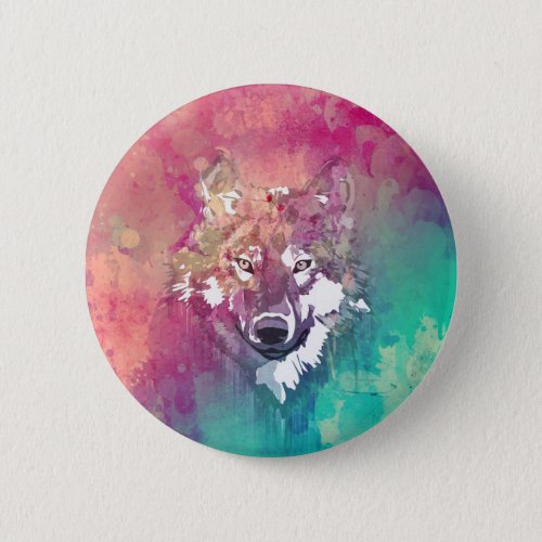 Pink Turquoise Watercolor Artistic Abstract Wolf Button