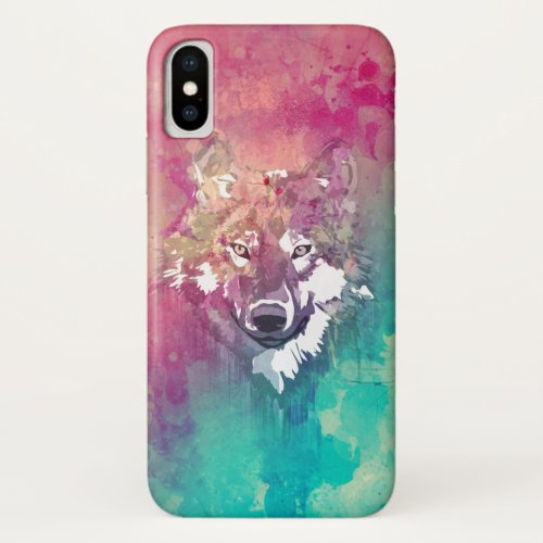 Pink Turquoise Watercolor Artistic Abstract Wolf iPhone X Case