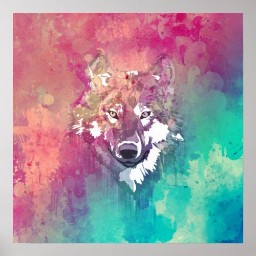 Pink Turquoise Watercolor Artistic Abstract Wolf Poster