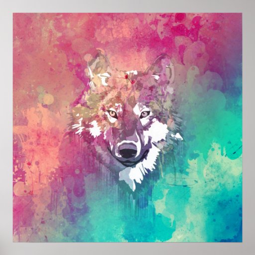 Pink Turquoise Watercolor Artistic Abstract Wolf Poster | Zazzle