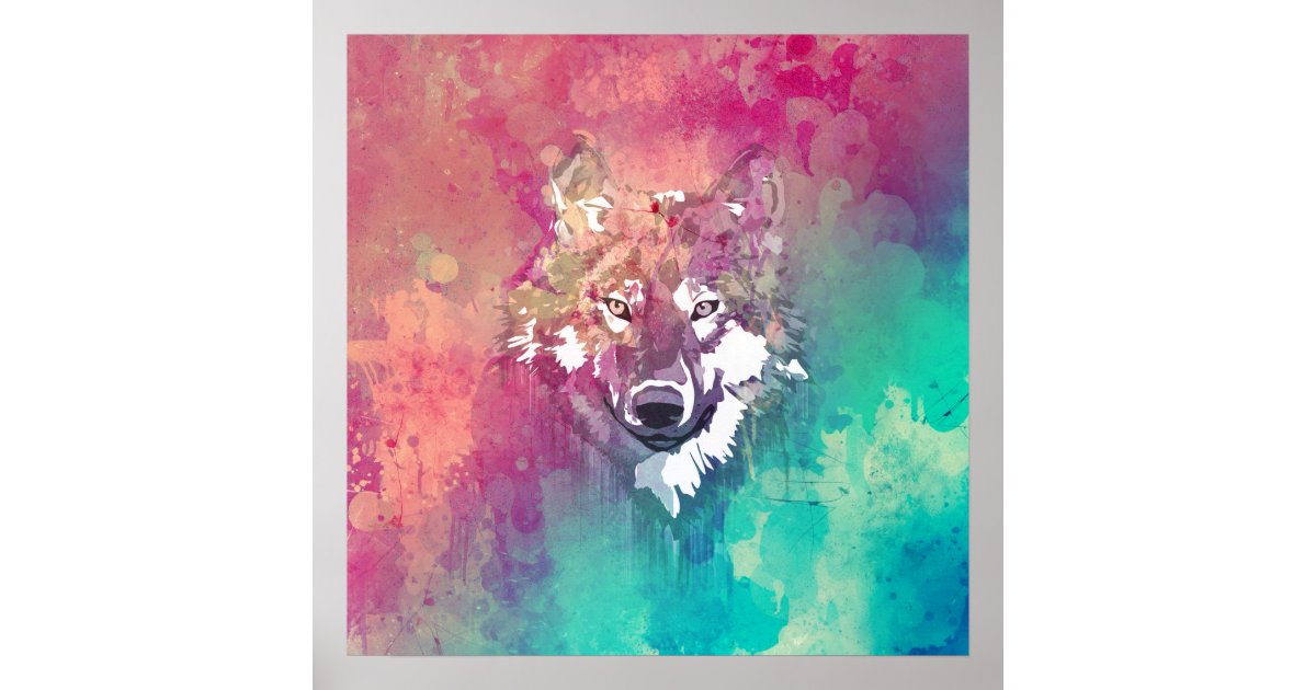 Pink Turquoise Watercolor Artistic Abstract Wolf Poster Zazzle Com