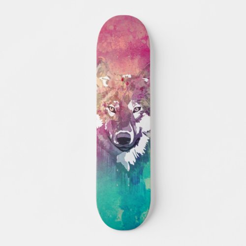 Pink Turquoise Watercolor Artistic Abstract Wolf Skateboard Deck