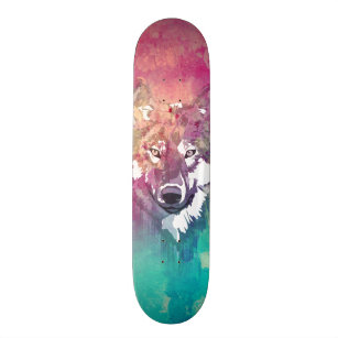 Pink Turquoise Watercolor Artistic Abstract Wolf Skateboard Deck