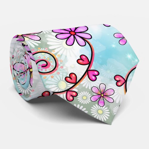 Pink Turquoise Watercolor Floral Collage Garden Neck Tie
