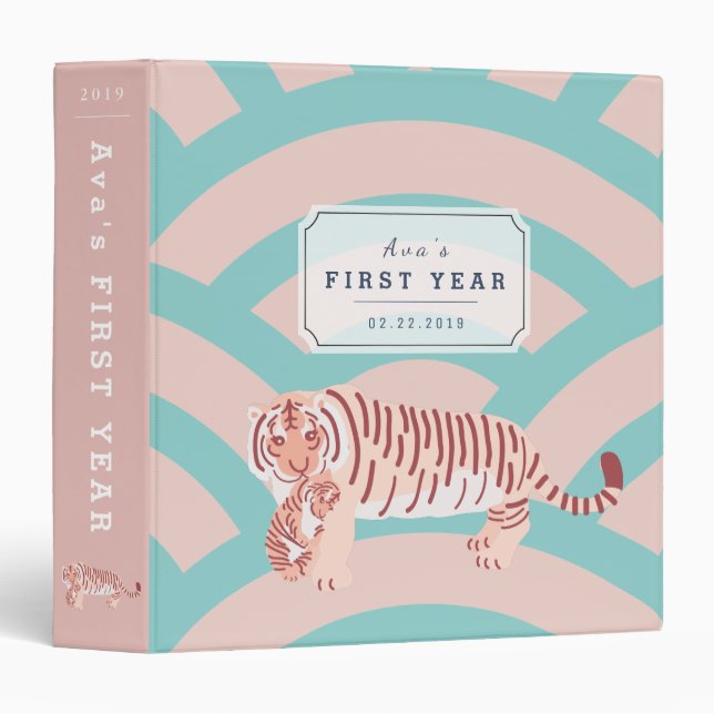 Pink Turquoise Wave Pattern Tiger Baby Book Binder (Front/Spine)