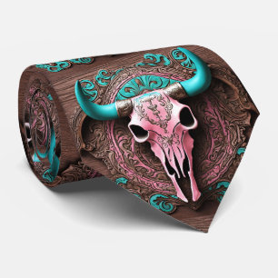 Pink Turquoise Western Country Cowboy Bull SKull Neck Tie