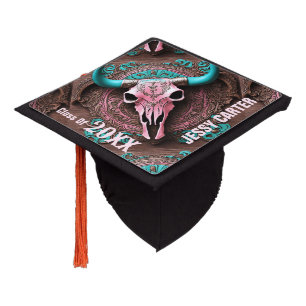 Pink Turquoise Western Country Cowgirl Bull Skull Graduation Cap Topper
