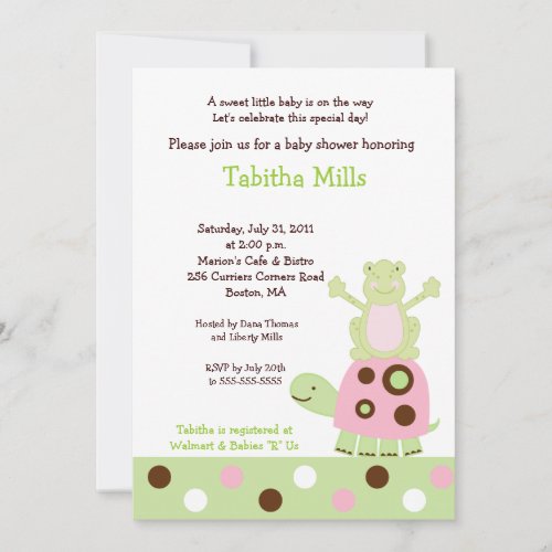 Pink Turtle and Pond Fr og Baby Shower Invitation