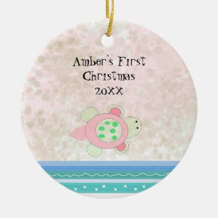 Pink Turtle Baby First Christmas Ceramic Ornament