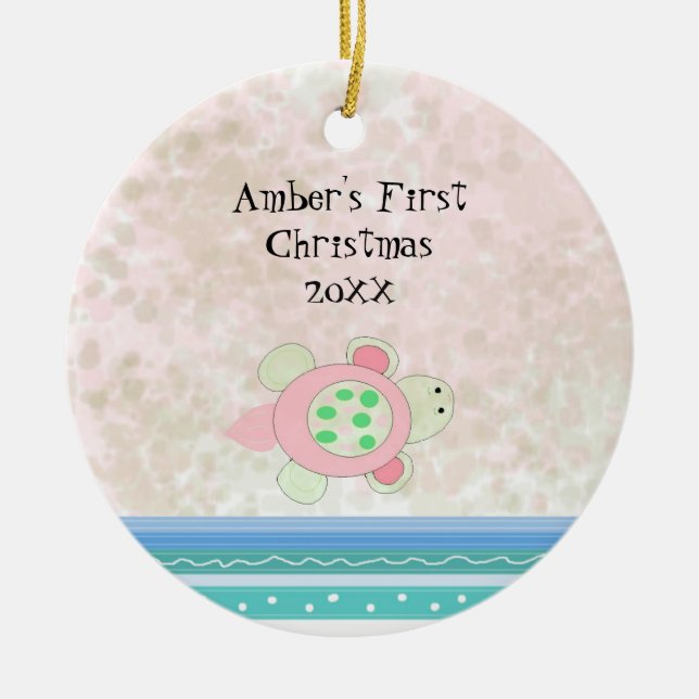 Pink Turtle Baby First Christmas Ceramic Ornament (Front)