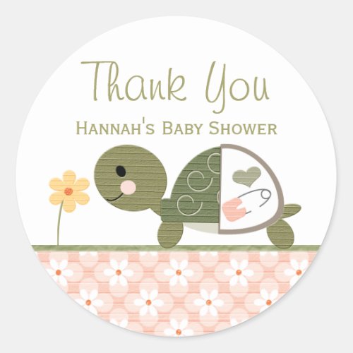 Pink Turtle in Diapers Baby Shower Thank You Classic Round Sticker