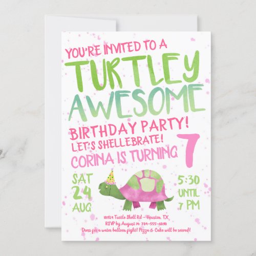 Pink Turtle Tortoise Birthday Party Invitation