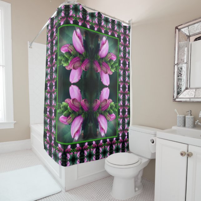 Pink Turtlehead Flower Close Up Abstract Shower Curtain (In Situ)