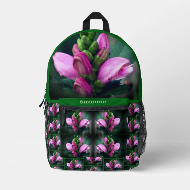 Pink Turtlehead Flower Personalized Printed Backpack (Front)