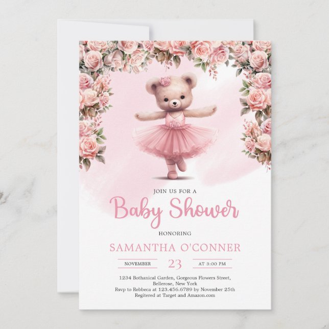 Pink tutu ballerina girl teddy bear blush roses invitation (Front)