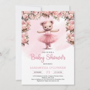 Pink tutu ballerina girl teddy bear blush roses invitation