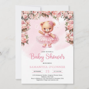 Pink tutu ballerina girl teddy bear blush roses invitation