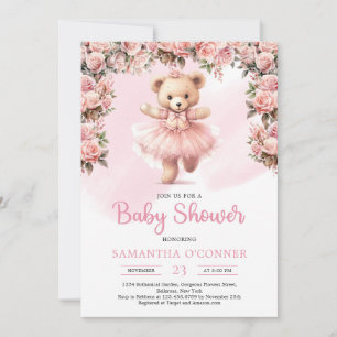Pink tutu ballerina girl teddy bear blush roses invitation