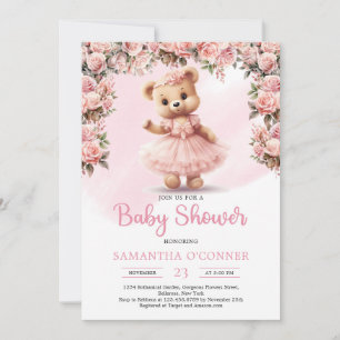 Pink tutu ballerina girl teddy bear blush roses invitation