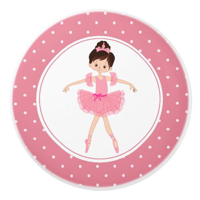 Pink Tutu Ballerina Polka Dot Ceramic Knob (Front)
