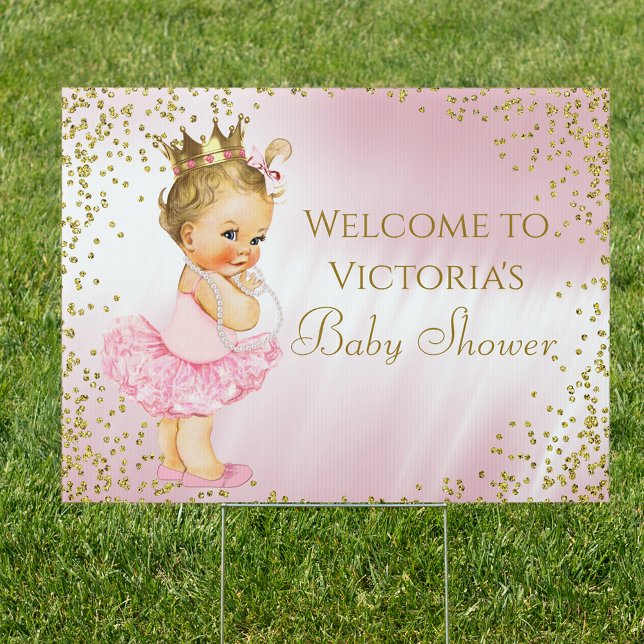Pink Tutu Blonde Princess Baby Shower Yard Sign (You can change all of the text as needed for your event.)