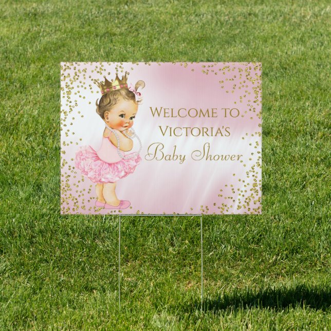 Pink Tutu Brunette Princess Baby Shower Yard Sign (Insitu)