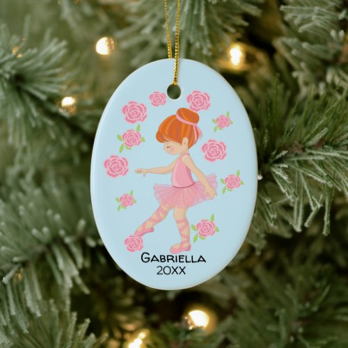 Pink Tutu Red Haired Ballerina Christmas Ceramic Ornament