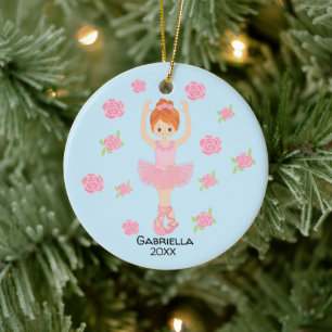 Pink Tutu Red Haired Ballerina Christmas Ceramic Ornament